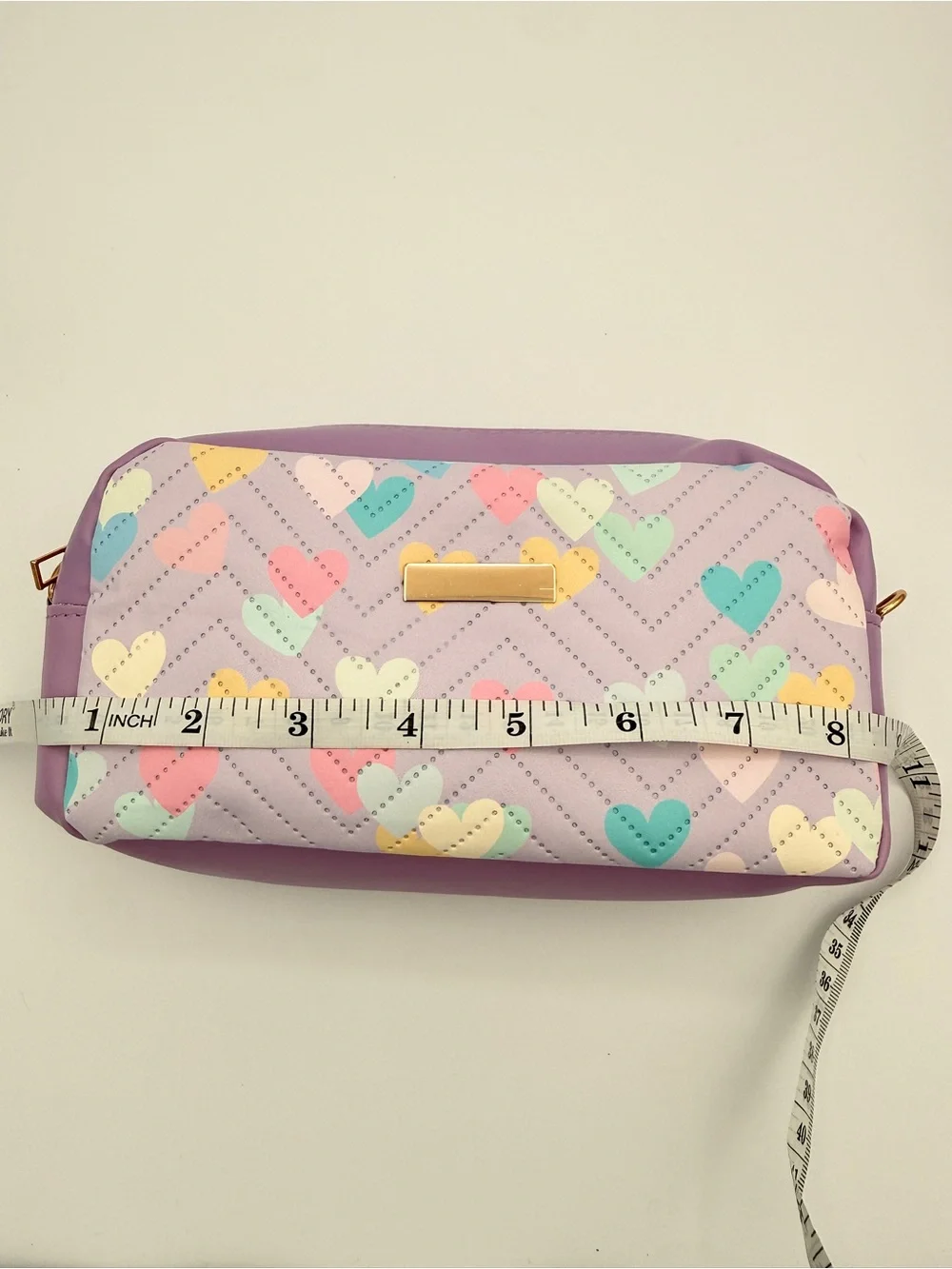Lavender Cosmetic Bag with Multicolor Heart Print and crossbody strap NEW